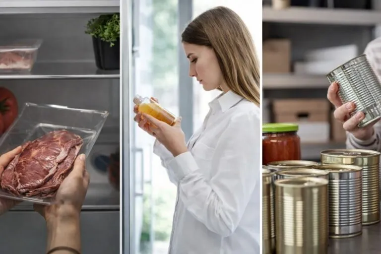 Ilustración de alimentos en cocina mostrando cómo revisar alimentos caducados con seguridad