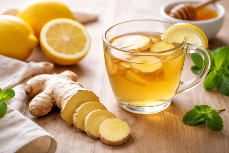 Infusión de jengibre con rodajas frescas y limón para apoyar la salud digestiva y bienestar