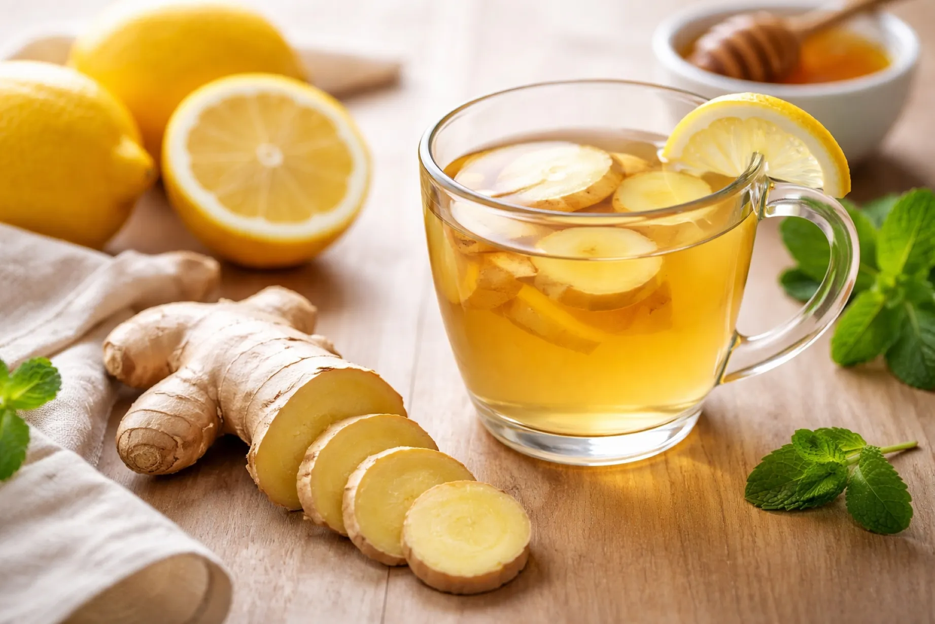 Infusión de jengibre con rodajas frescas y limón para apoyar la salud digestiva y bienestar