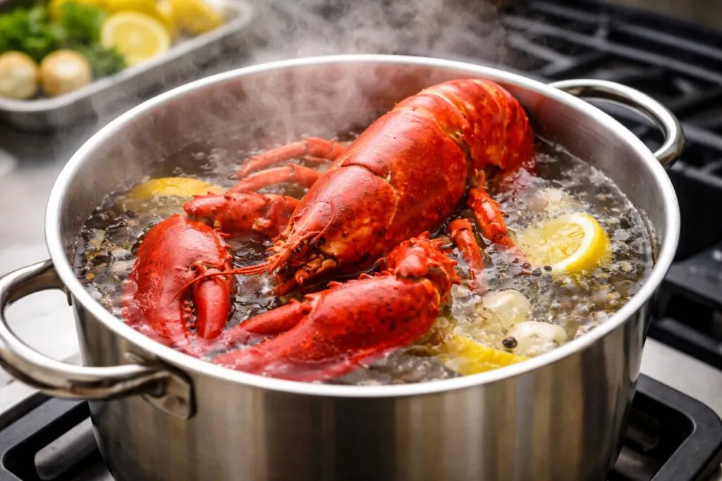 Cocción de langosta en cocina profesional relacionada con el dolor marisco y prácticas responsables en alimentos