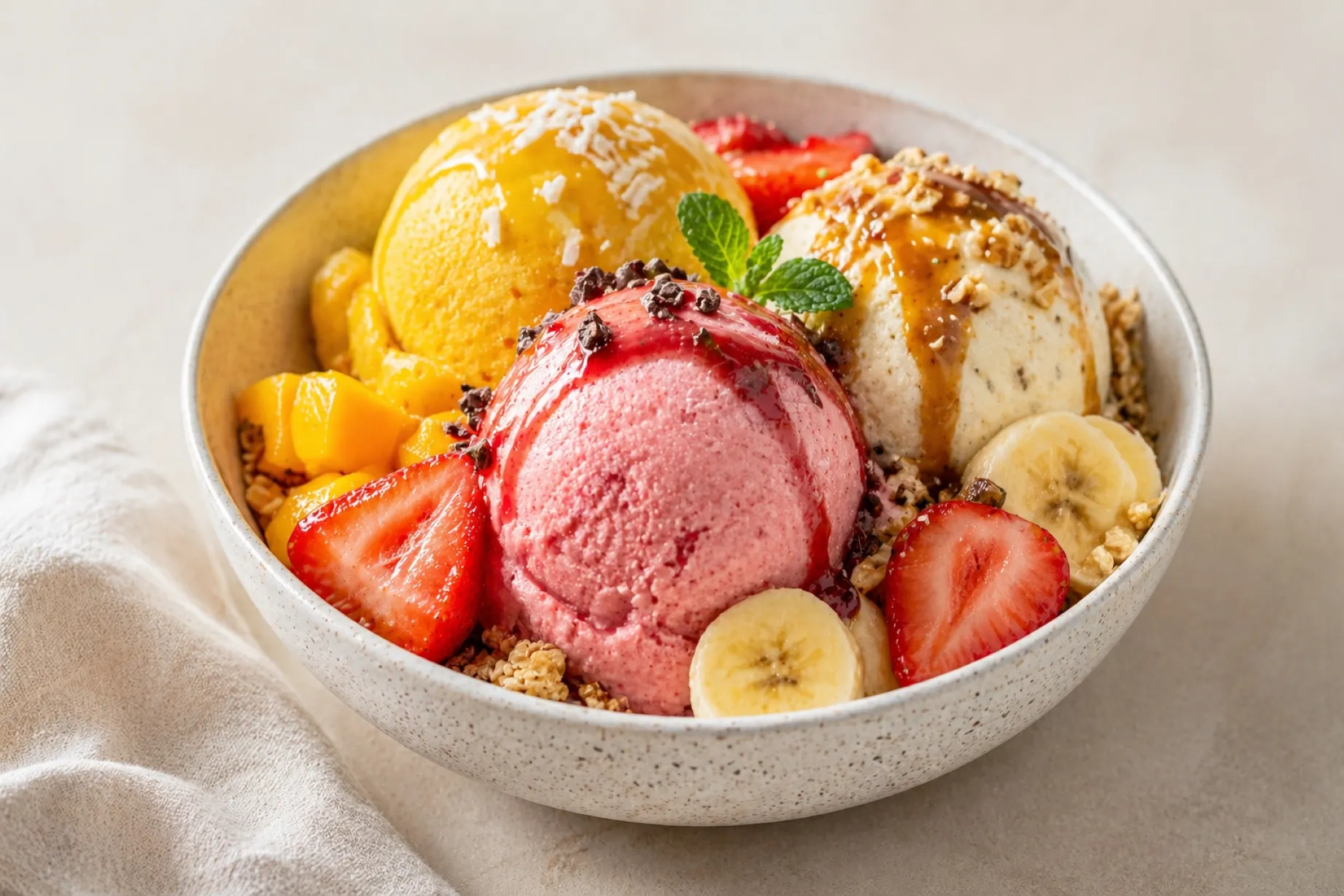 Helado casero saludable con frutas naturales y sin azúcares añadidos en cocina moderna