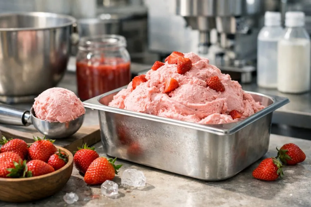 Helado elaborado con concentrado de fresa que mejora sabor y calidad con ingredientes naturales en la industria alimentaria
