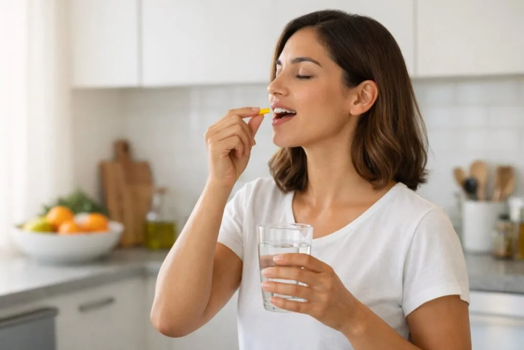 Persona tomando vitamina D en la mañana para mejorar el sueño y aprovechar sus beneficios sin alterar el descanso