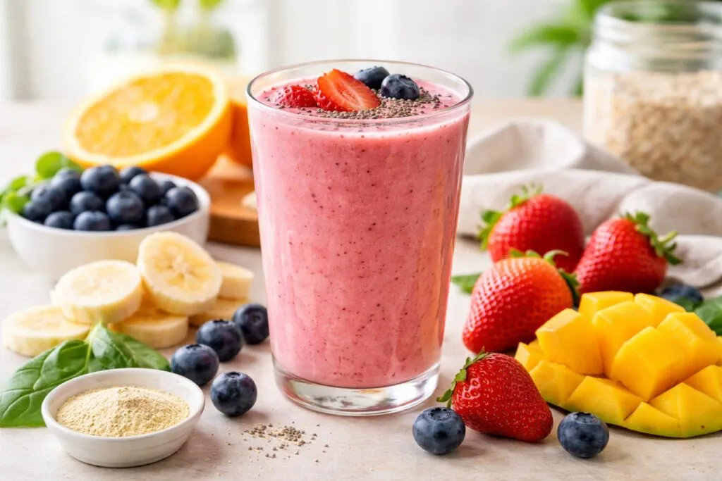 Smoothie saludable con frutas frescas y proteína que mejora energía y bienestar diario en Estados Unidos