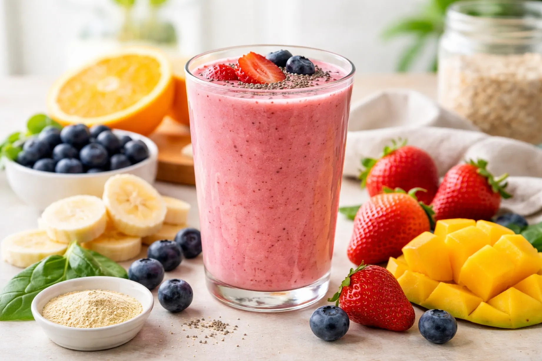 Smoothie saludable con frutas frescas y proteína que mejora energía y bienestar diario en Estados Unidos