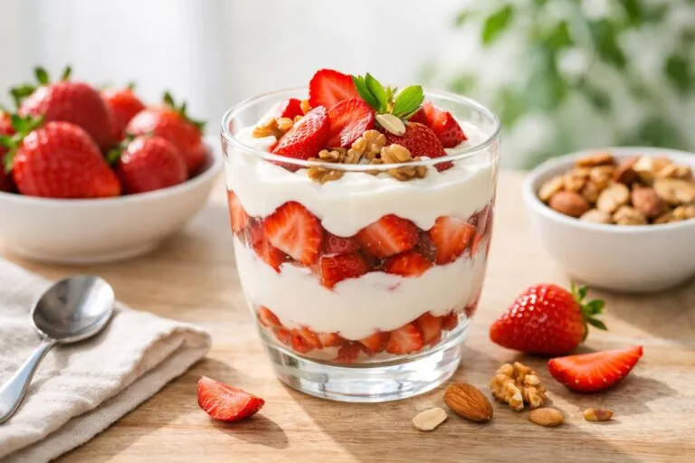 copa de fresas con yogur natural y fruta fresca rica en vitamina C y antioxidantes en España