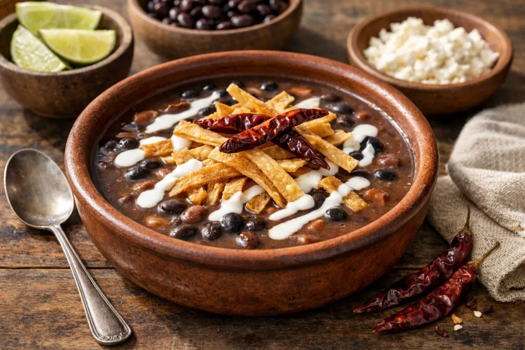 sopa mexicana de frijol nutritiva con ingredientes tradicionales y presentación casera saludable