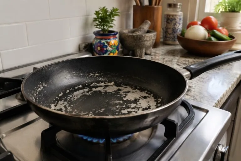 utensilios de cocina deteriorados liberan químicos al calentarse en cocina doméstica