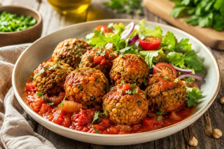 Albóndigas veganas fáciles y nutritivas acompañadas de verduras frescas y salsa natural