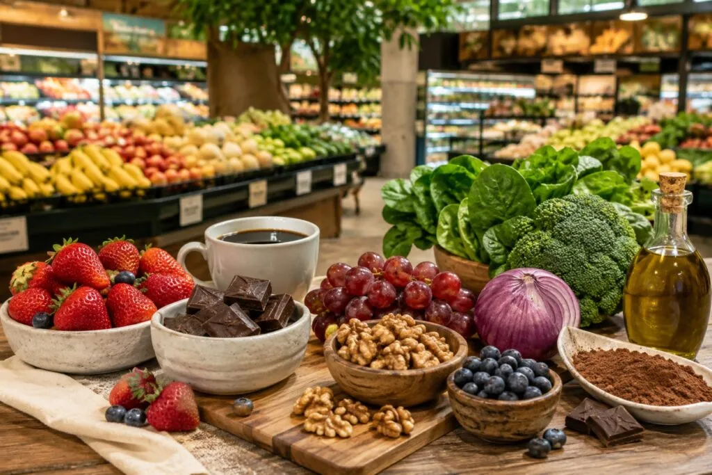 Polifenoles en supermercados mexicanos con frutas, cacao, café y alimentos antioxidantes saludables