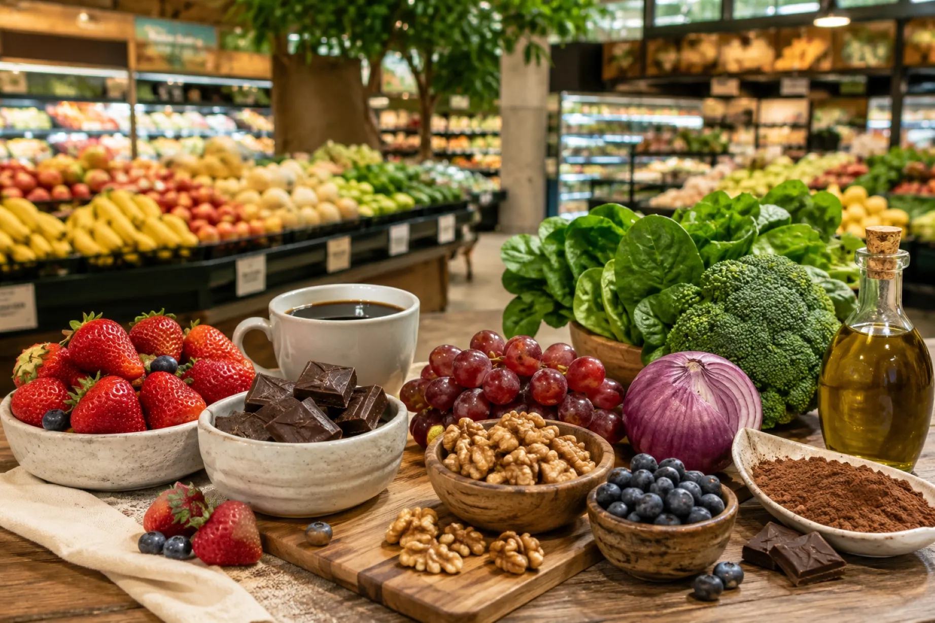 Polifenoles en supermercados mexicanos con frutas, cacao, café y alimentos antioxidantes saludables