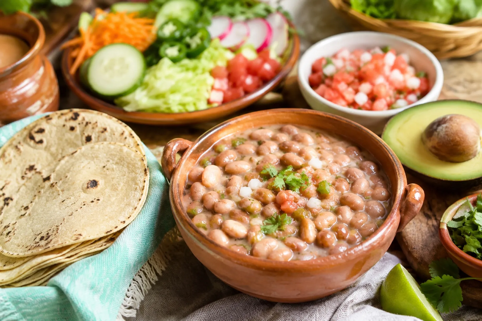 Frijoles bayos con verduras frescas y tortilla como parte de una alimentación equilibrada y saludable