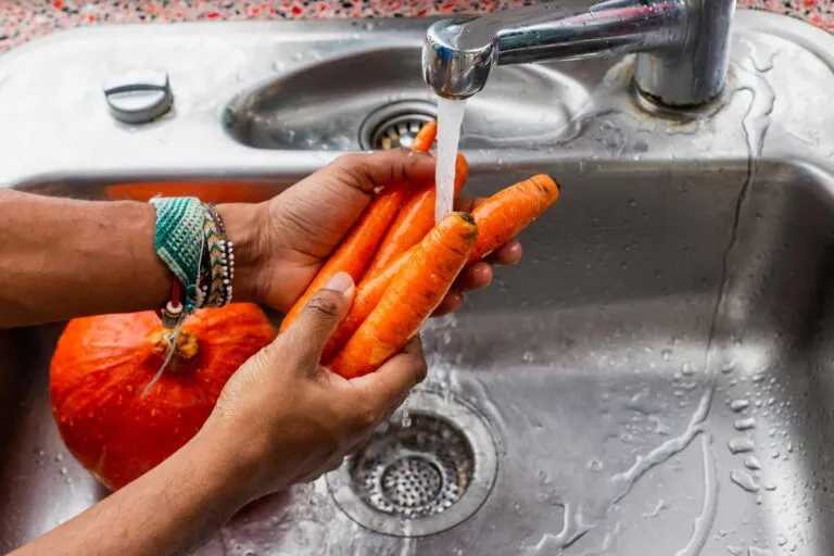 Persona lavando fruta y verdura correctamente para reducir bacterias y conservar nutrientes frescos