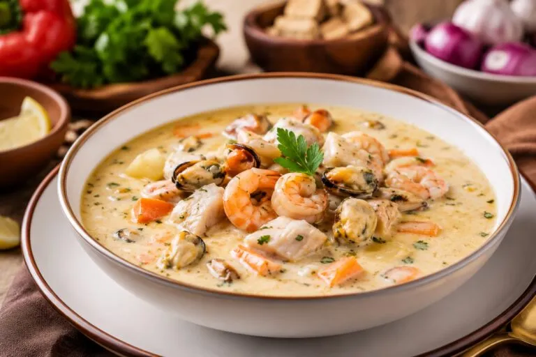 Crema de mariscos con proteínas, omega 3 y vegetales en una mesa cálida y saludable