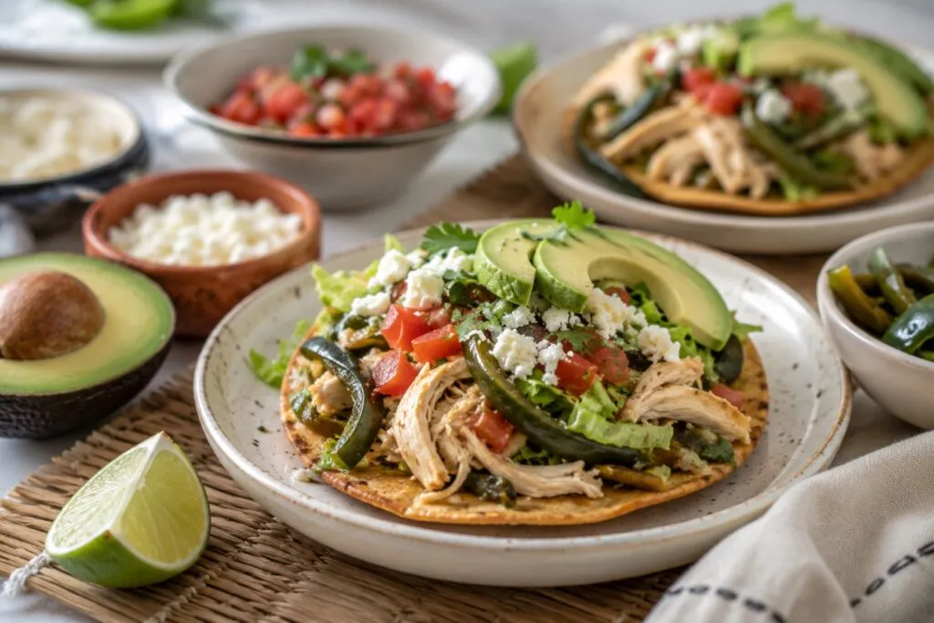 tostadas con pollo y rajas saludables para controlar la glucosa y mantener una alimentación equilibrada