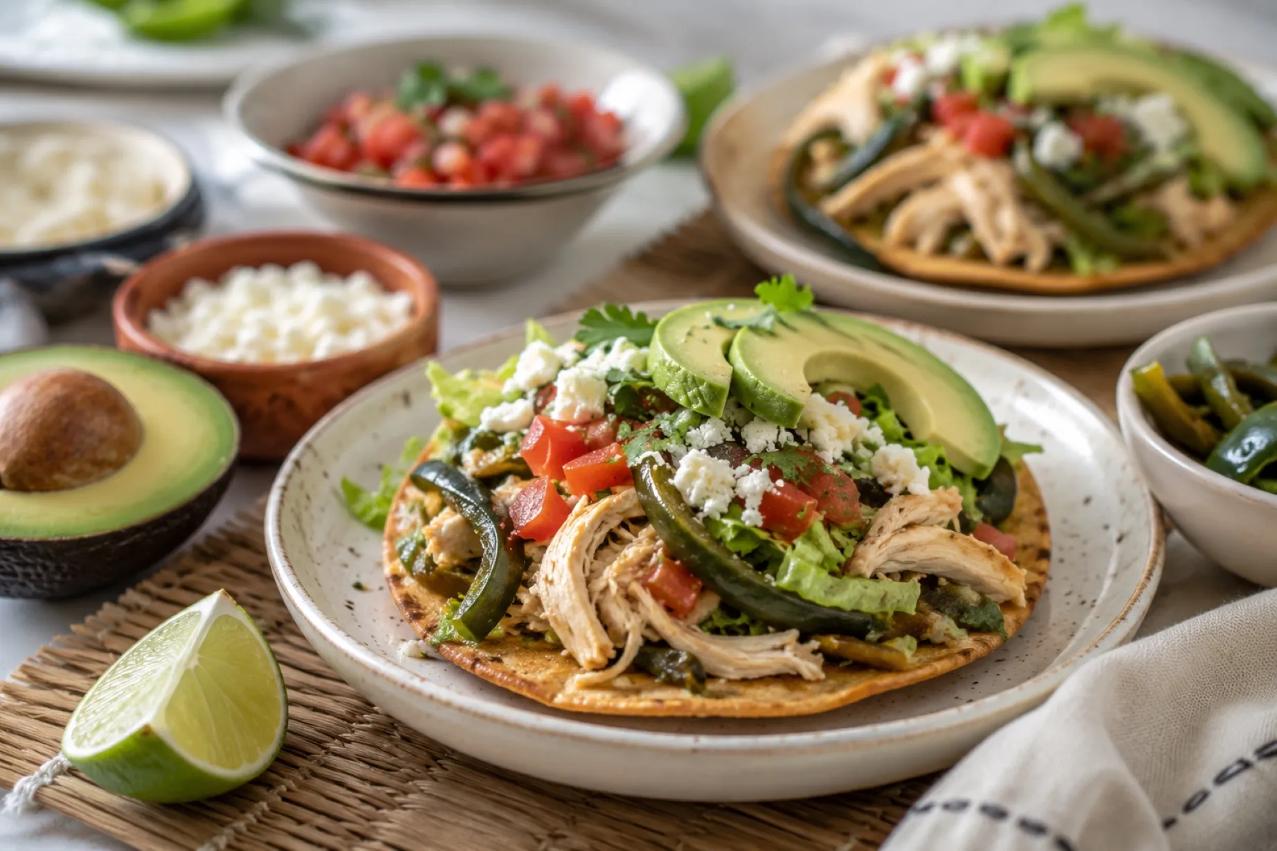 tostadas con pollo y rajas saludables para controlar la glucosa y mantener una alimentación equilibrada