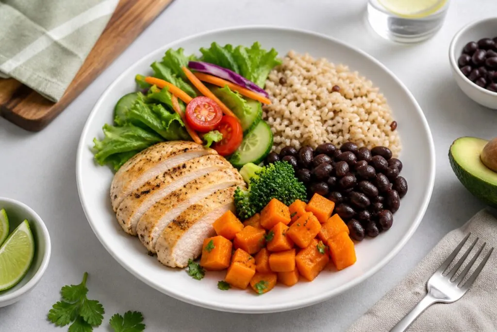 Plato balanceado con alimentos saludables explicado en guía de nutrición equilibrada en Costa Rica