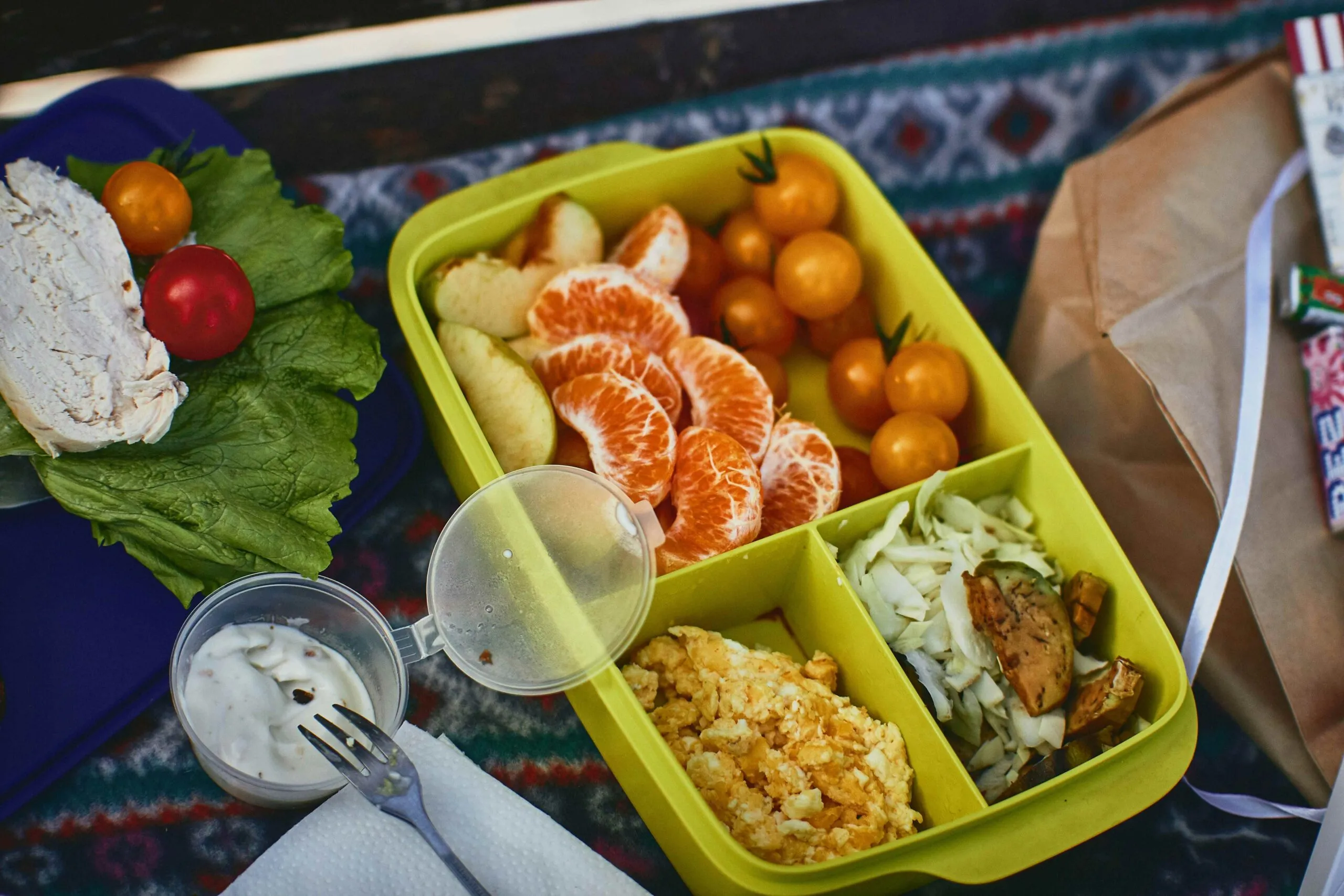 Lonchera escolar con almuerzo colegio fresco, frutas y alimentos saludables conservados correctamente en Chile
