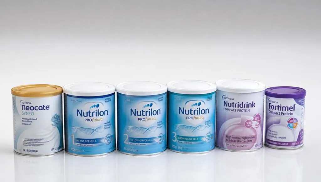 productos de nutrición especializada en México en envases clínicos sin personas en escena con enfoque profesional