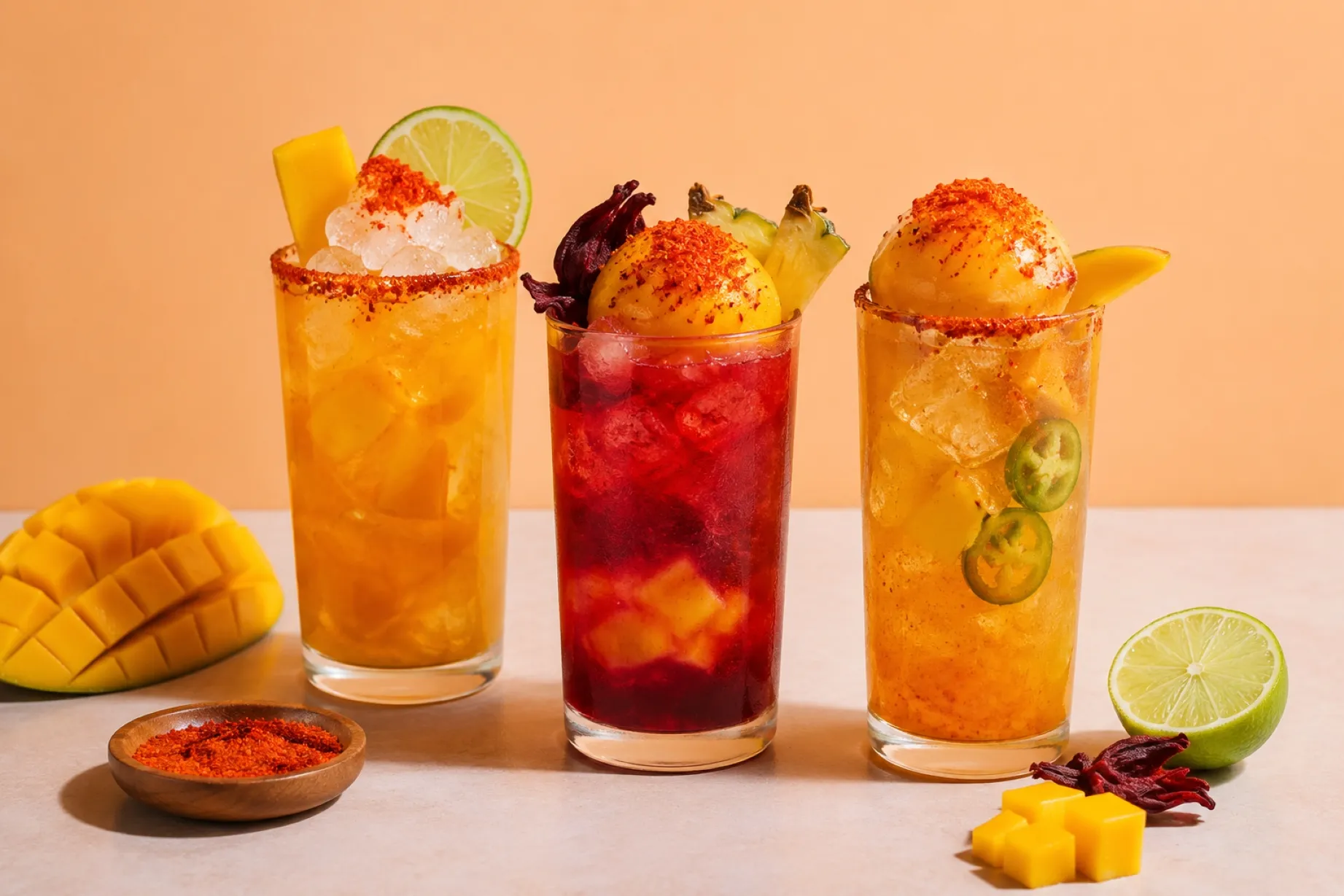 Mocktails con nieve de mango y chile en bebidas refrescantes sin alcohol para reuniones en México