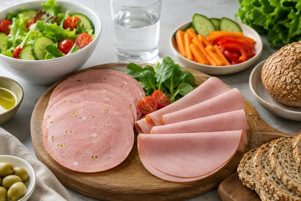 Mortadela y choped sobre una mesa saludable en España dentro de una dieta equilibrada