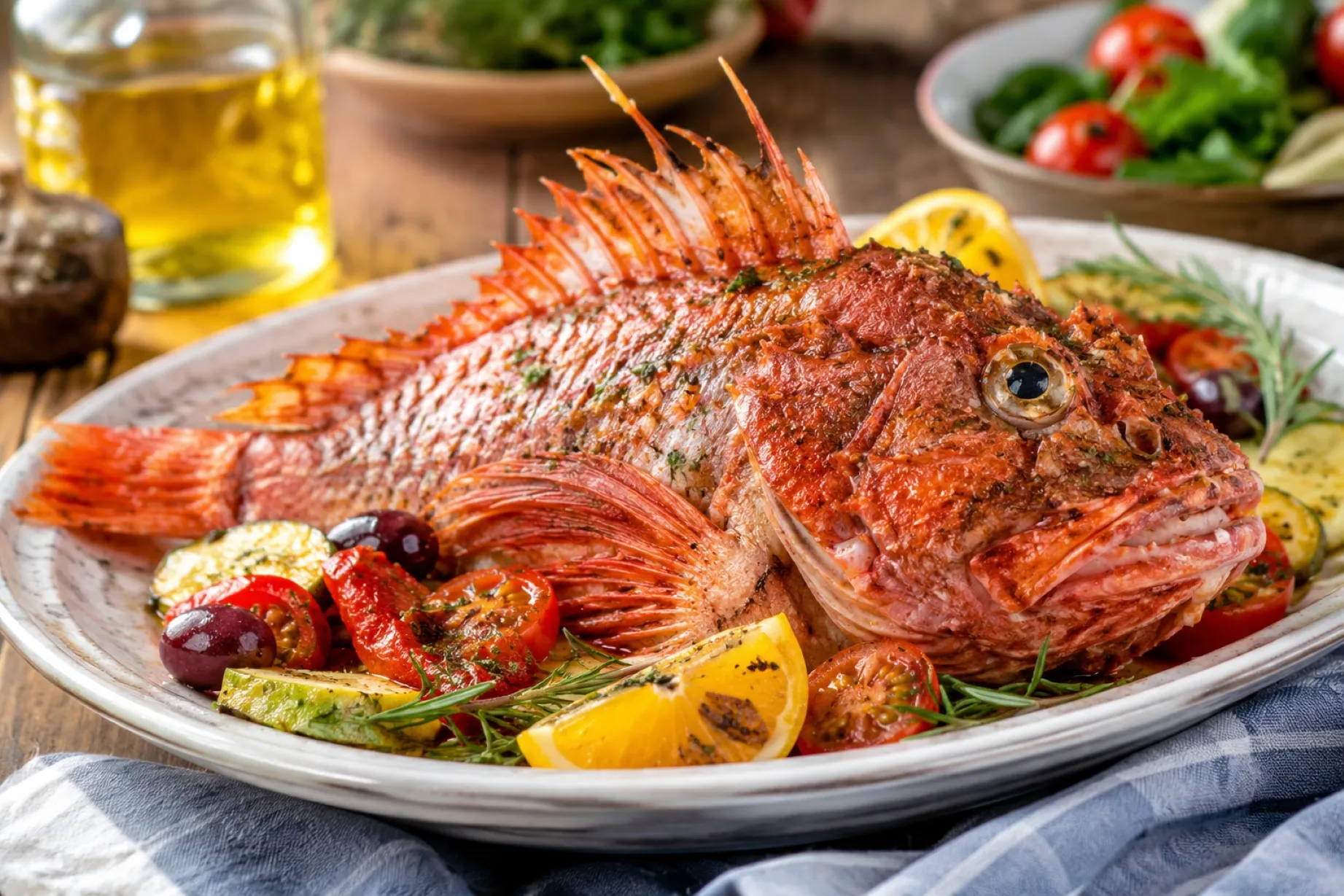Pez escorpión rico en proteínas y minerales sobre una mesa mediterránea saludable