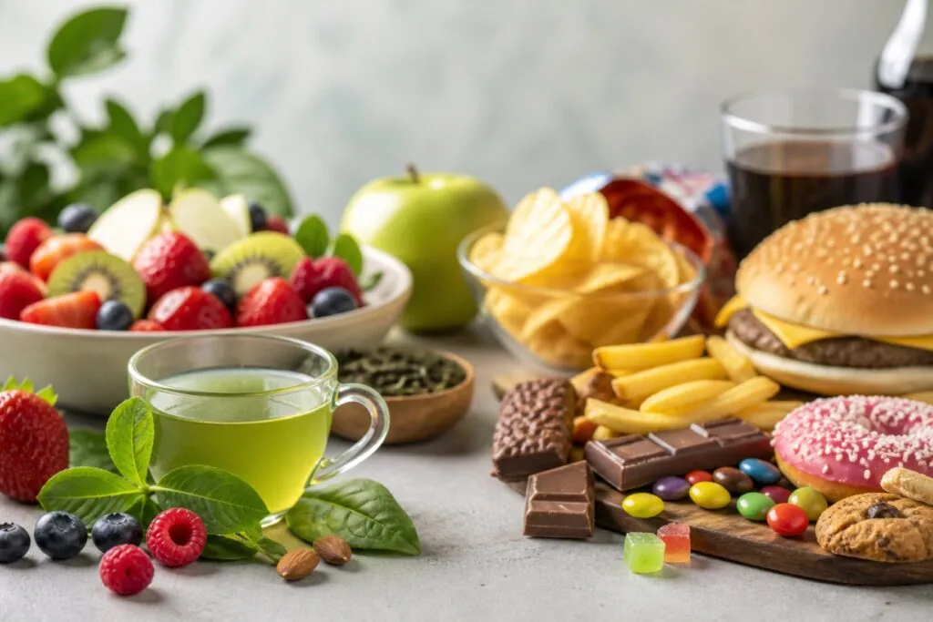 dieta saludable con L-teanina estrés y reducción de ultraprocesados en estilo de vida moderno