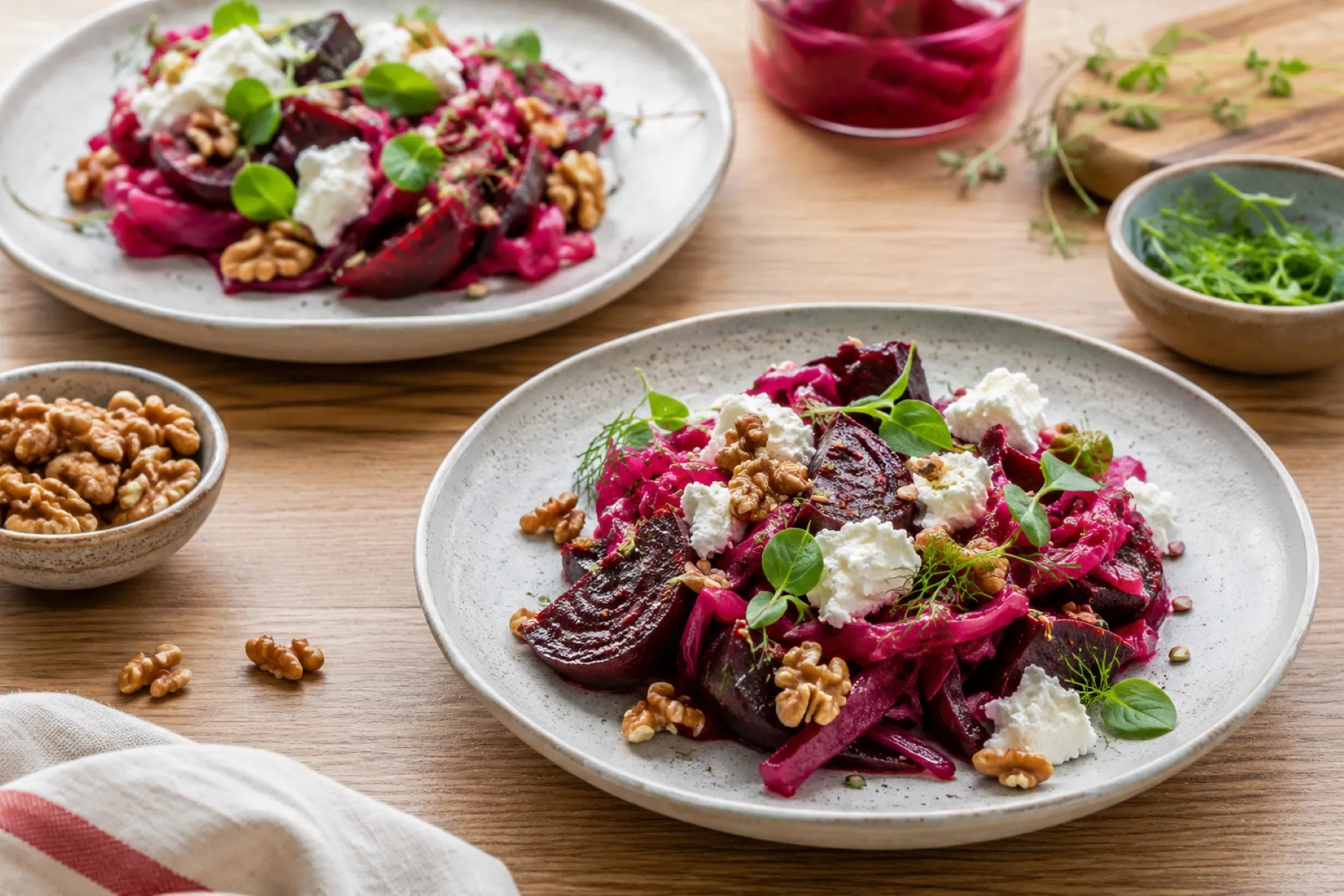 Recetas con remolacha y verduras fermentadas en una mesa de cocina europea saludable