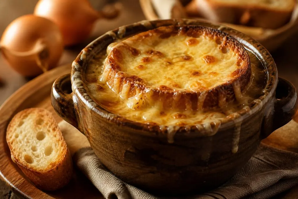 sopa de cebolla perfecta con mantequilla y queso gratinado en estilo francés tradicional