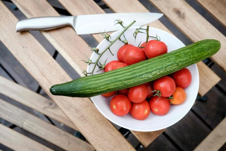 Tomate y pepino en ensalada saludable para personas con digestión sensible y alimentación equilibrada