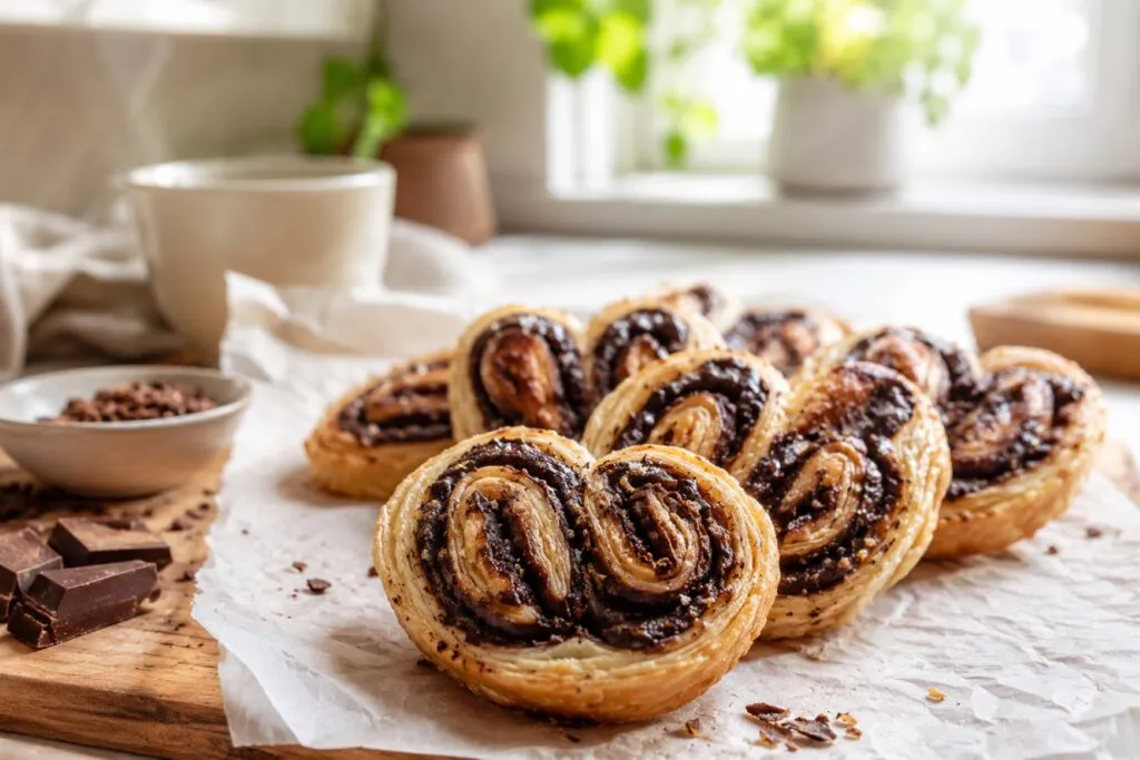 Palmeritas de chocolate saludables con menos azúcar y chocolate negro sobre una mesa de cocina moderna