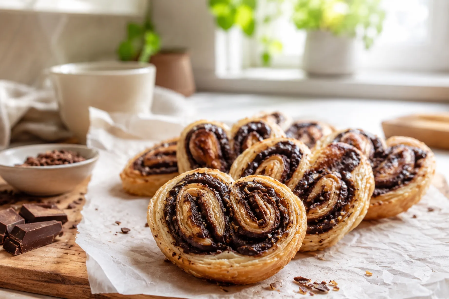 Palmeritas de chocolate saludables con menos azúcar y chocolate negro sobre una mesa de cocina moderna
