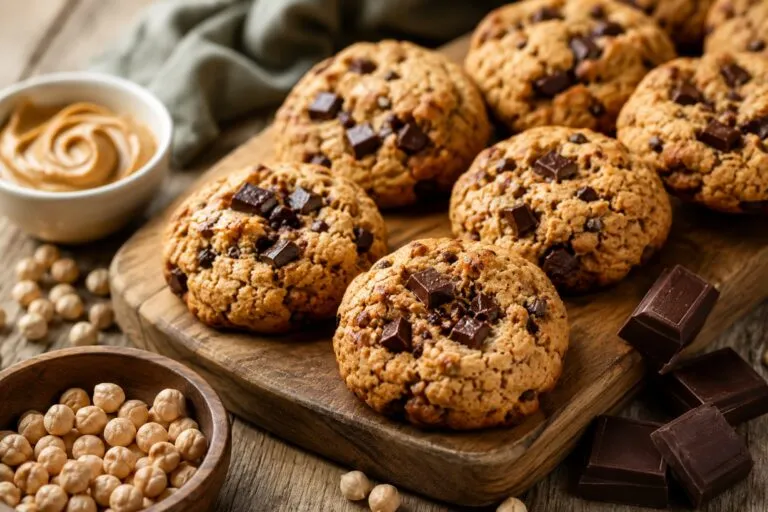 Cookies de garbanzos sin huevo ni lácteos con chips de chocolate, una receta fácil con proteína vegetal.