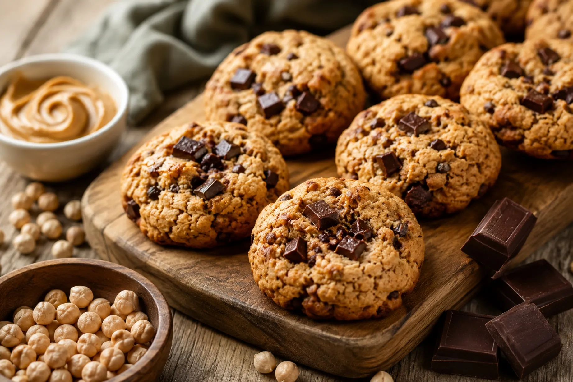 Cookies de garbanzos sin huevo ni lácteos con chips de chocolate, una receta fácil con proteína vegetal.