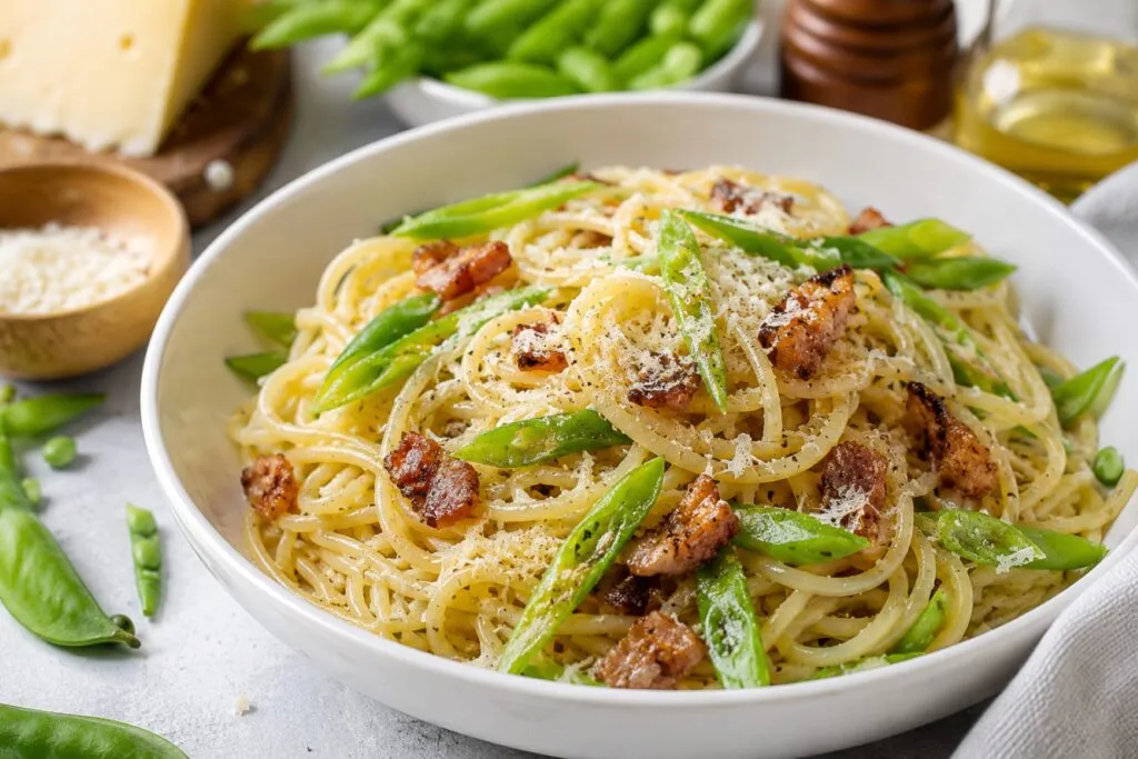Pasta alla gricia con chícharos frescos, tradición italiana y vegetales de temporada en un plato equilibrado
