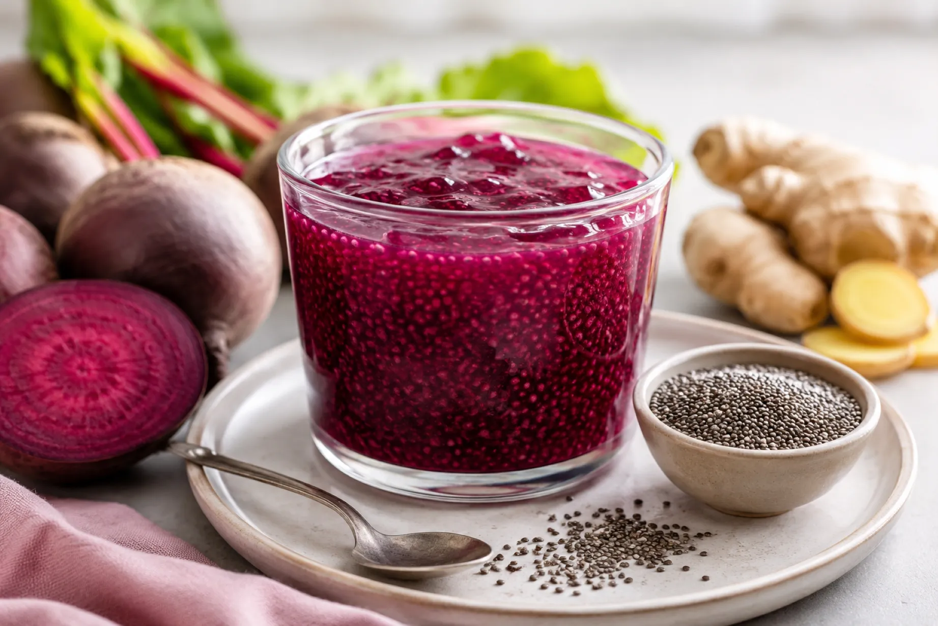 Gelatina de chía y remolacha con ingredientes ricos en fibra, omega 3 y proteínas para una alimentación saludable