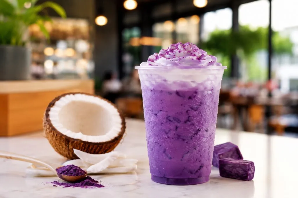 Bebidas Starbucks con ube y coco de temporada en Argentina con ingredientes innovadores y presentación color violeta