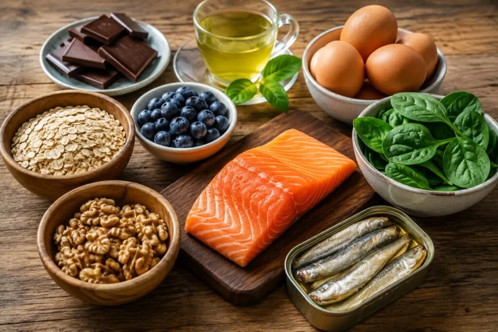 Alimentos para mejorar la concentración con pescado, nueces, frutos rojos, huevos y verduras frescas sobre una mesa.