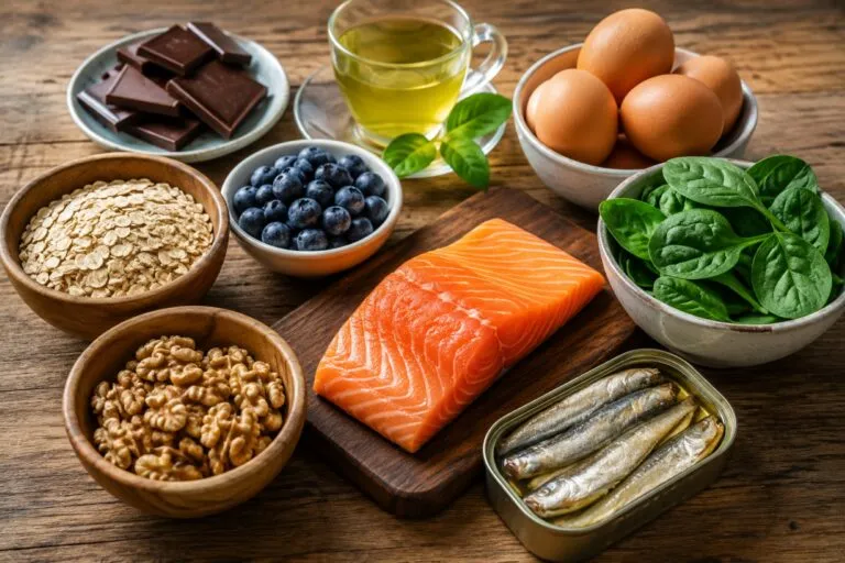 Alimentos para mejorar la concentración con pescado, nueces, frutos rojos, huevos y verduras frescas sobre una mesa.