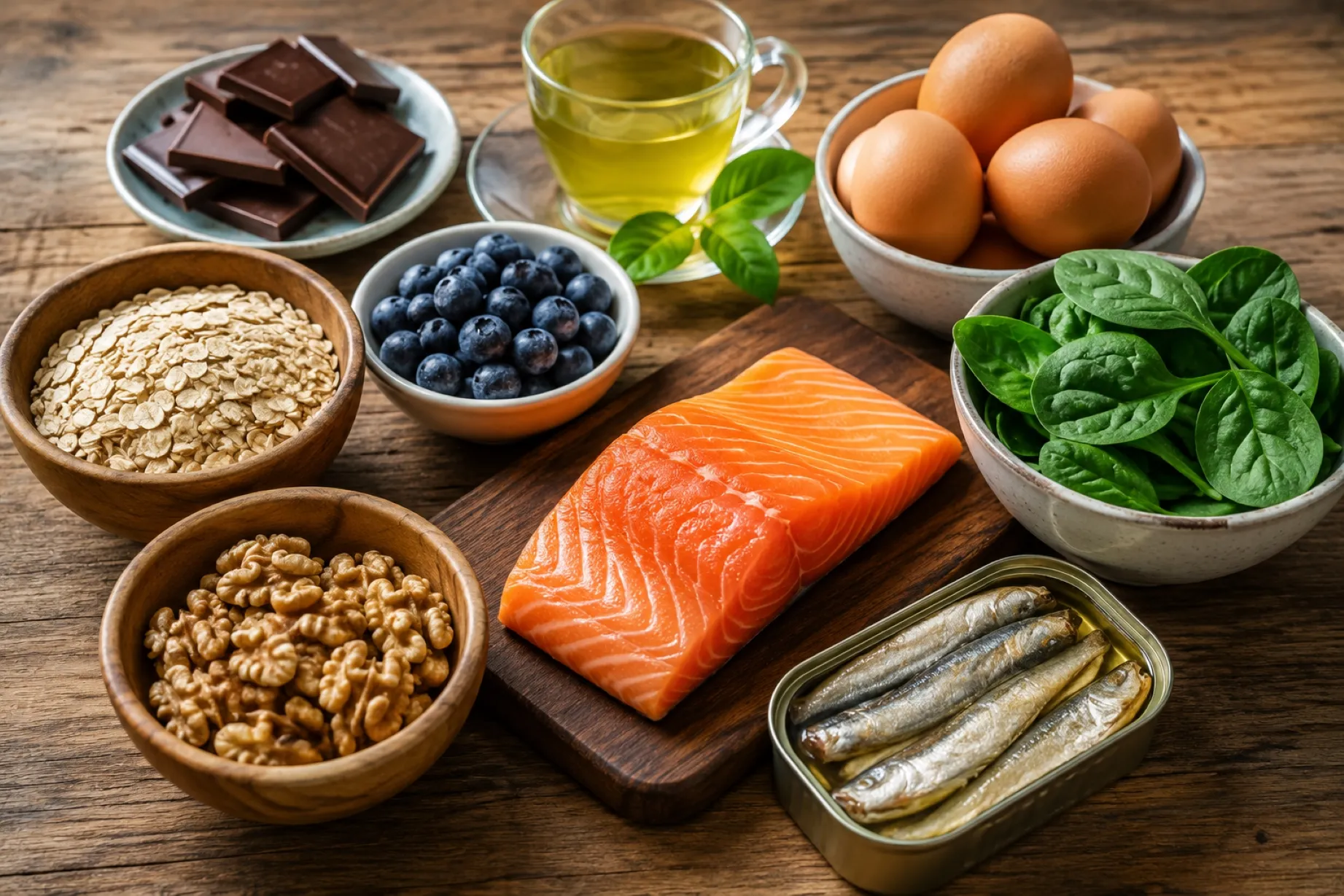 Alimentos para mejorar la concentración con pescado, nueces, frutos rojos, huevos y verduras frescas sobre una mesa.