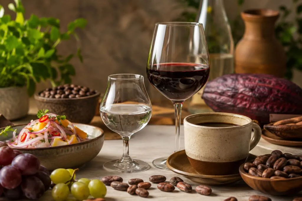 Bebidas peruanas como café, pisco y vino que fortalecen la gastronomía del Perú y el turismo gastronómico.