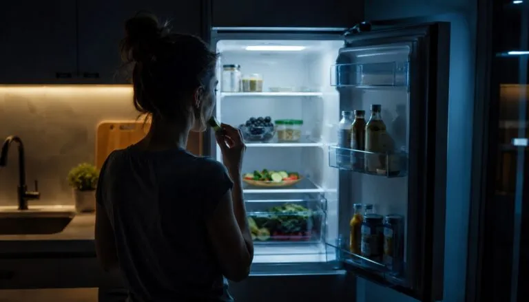 Persona frente al refrigerador durante la noche para ilustrar cómo el picoteo fuera de horario afecta el metabolismo y la salud.