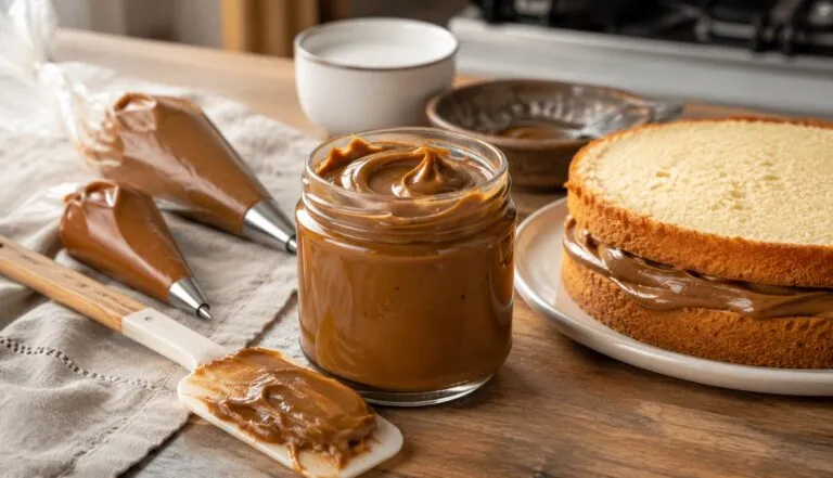 Dulce de leche repostero casero con textura firme, ideal para rellenos y postres tradicionales argentinos.