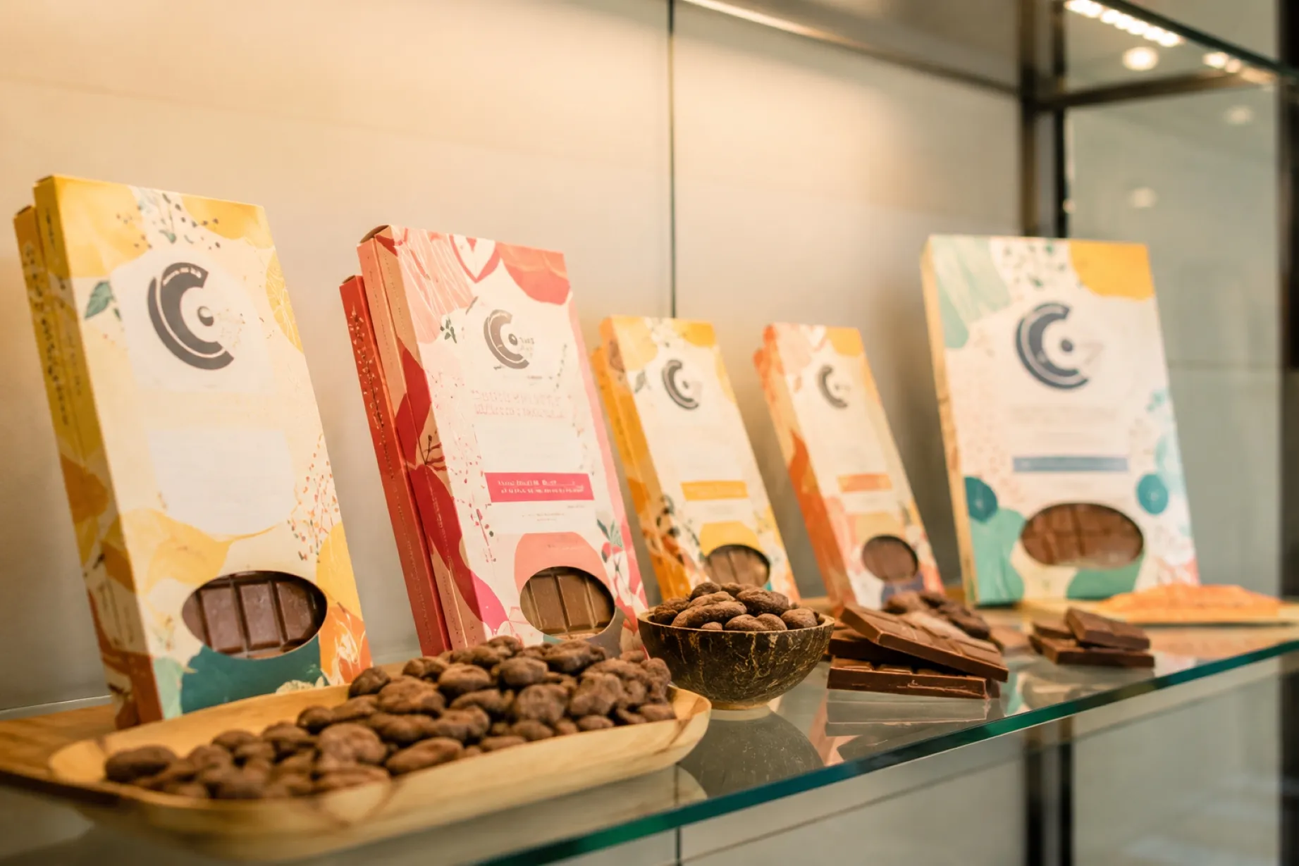 Chocolate artesanal colombiano con cacao de origen presentado en una mesa de madera con granos de cacao y tabletas artesanales.