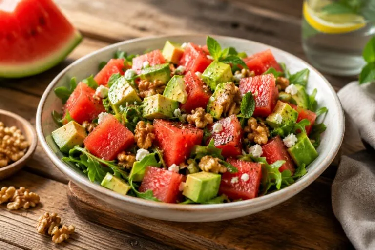 Sandía con aguacate y nueces, combinación saludable que favorece la absorción de nutrientes y antioxidantes.