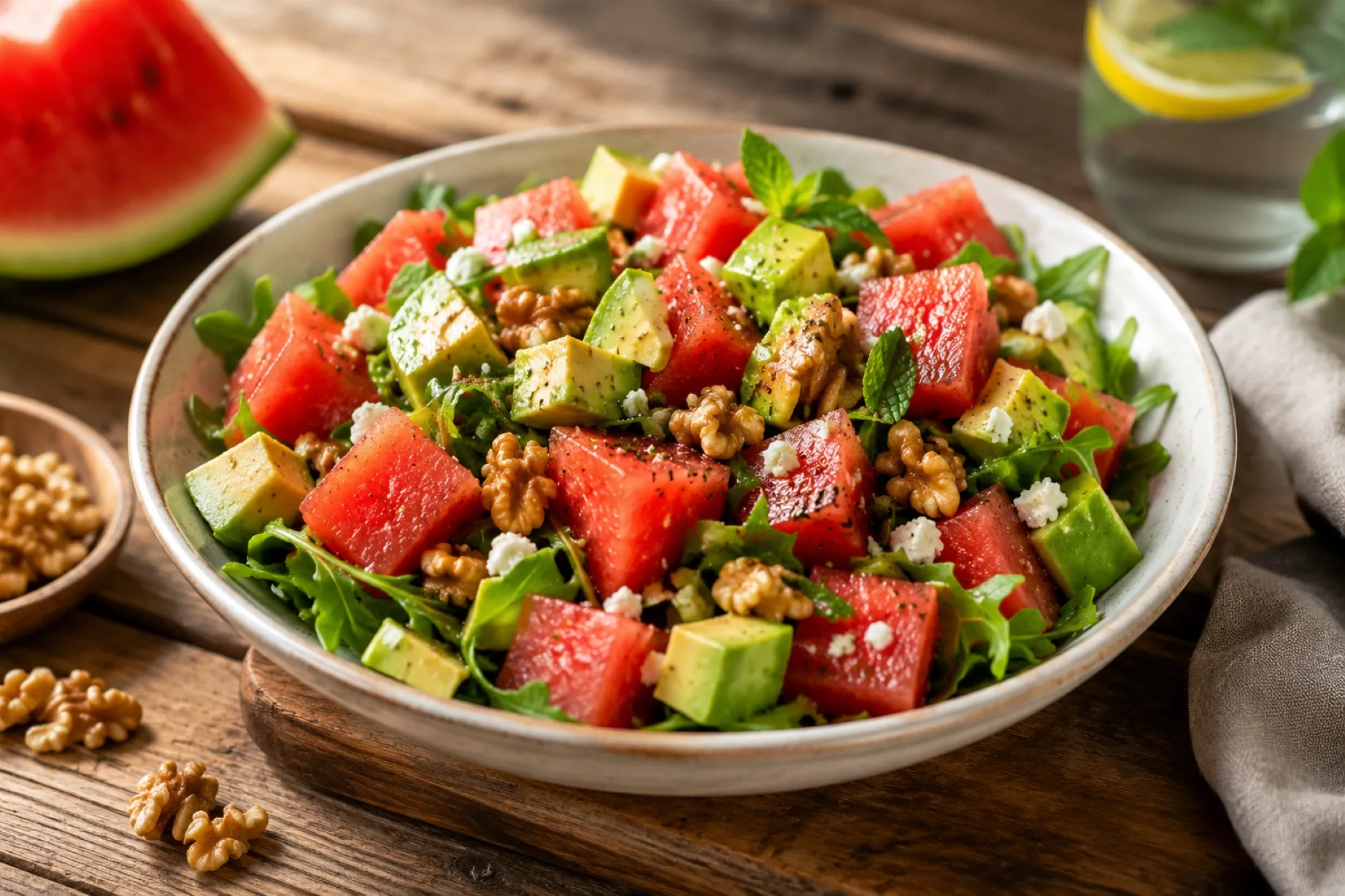 Sandía con aguacate y nueces, combinación saludable que favorece la absorción de nutrientes y antioxidantes.