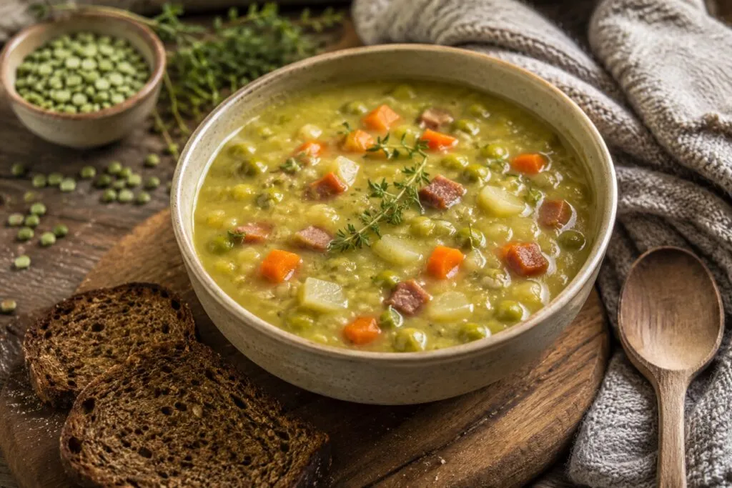 Erwtensoep, sopa tradicional de Países Bajos con arvejas y verduras, ideal para el invierno y una alimentación equilibrada.