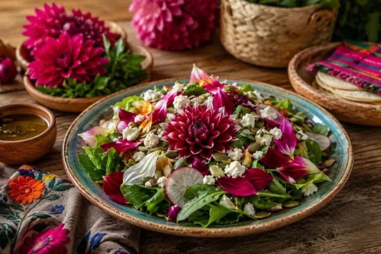 Dalia comestible utilizada en una ensalada con ingredientes frescos, ejemplo de la flor nacional de México y su uso en la alimentación.