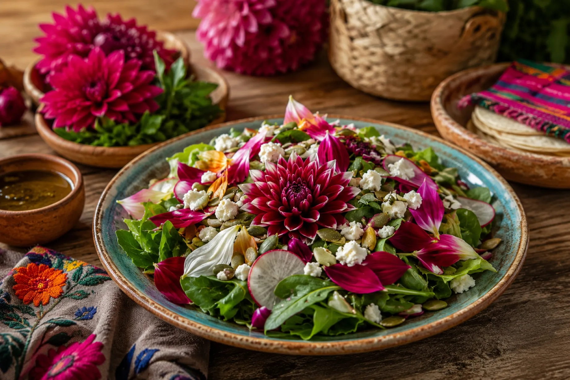 Dalia comestible utilizada en una ensalada con ingredientes frescos, ejemplo de la flor nacional de México y su uso en la alimentación.