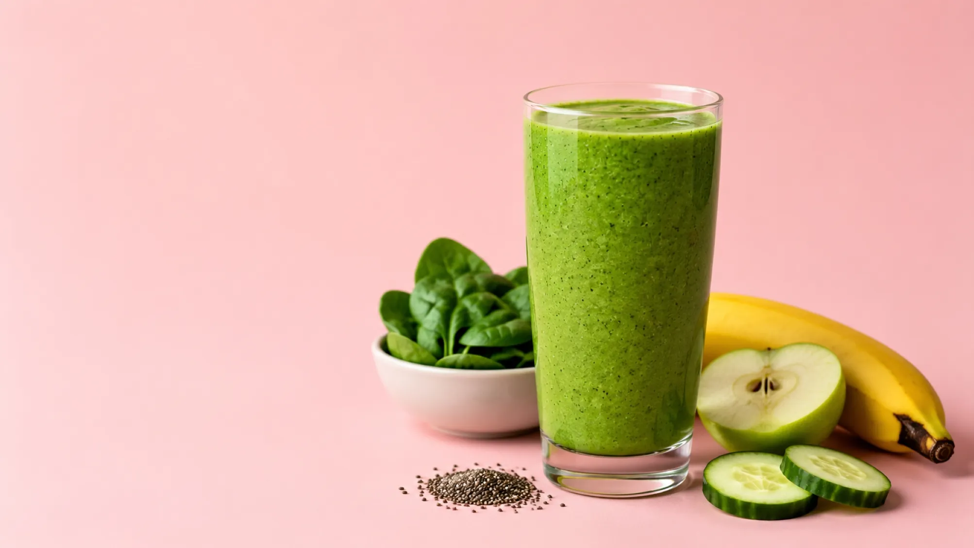 Batido verde preparado con espinaca, plátano y manzana sobre una mesa con ingredientes frescos.